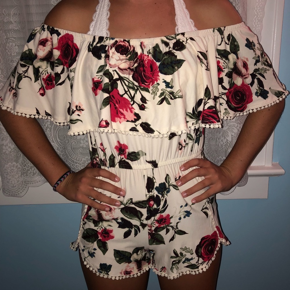 white with roses off shoulder romper